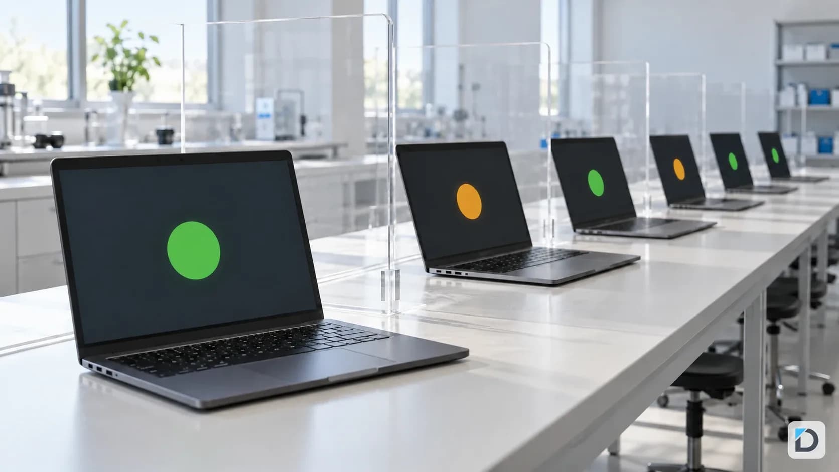 Staged laboratory bench with laptops separated by transparent partitions to illustrate isolated security tests