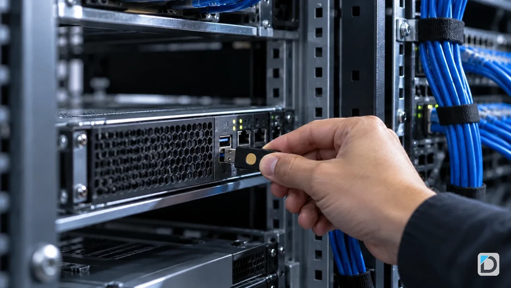 Illustration éditoriale d’une clé de sécurité branchée à un serveur pendant sa maintenance