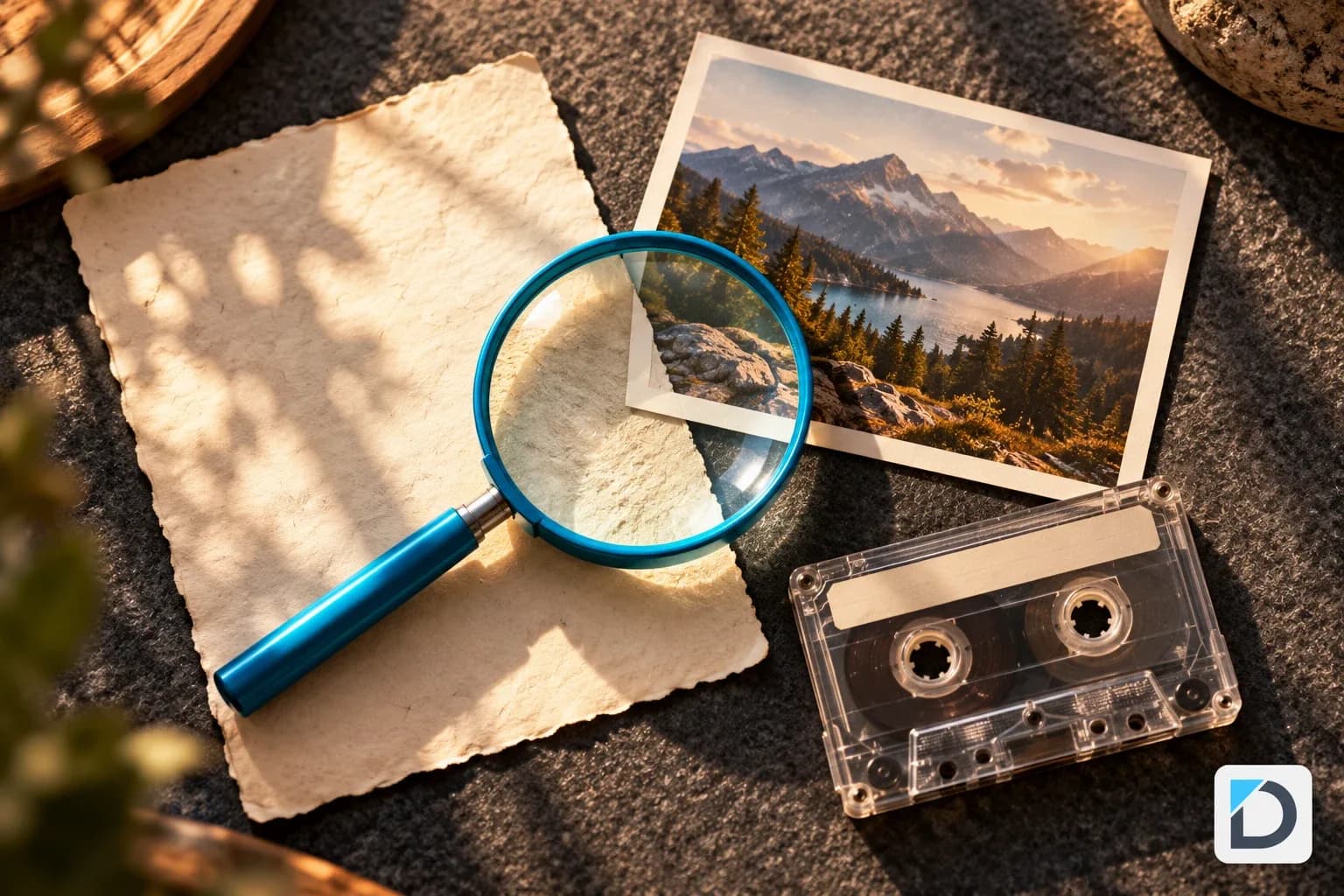 Loupe au-dessus d’une page, d’une photographie et d’une cassette audio