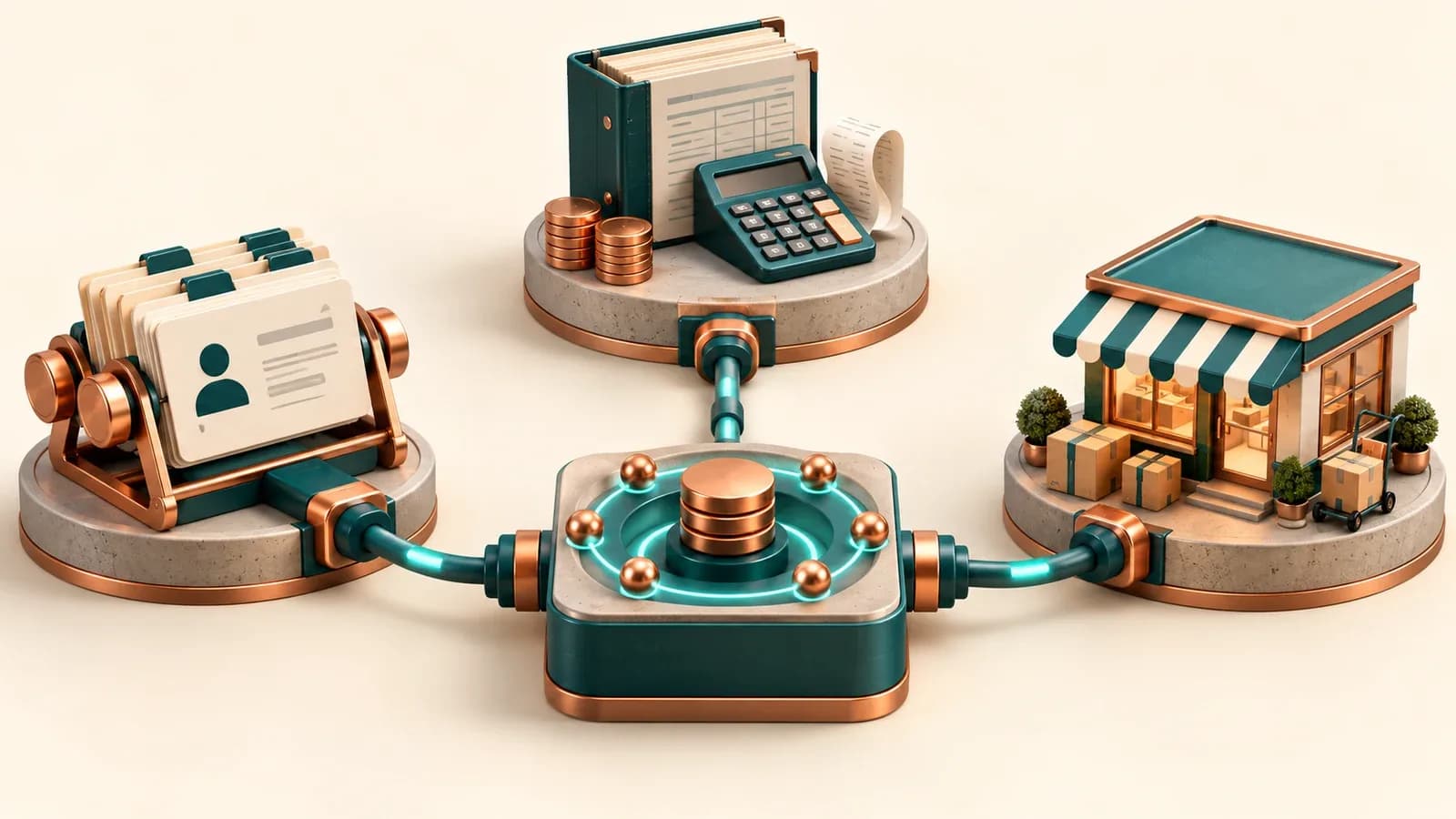 Illustration reliant un répertoire de clients, un registre comptable et une boutique