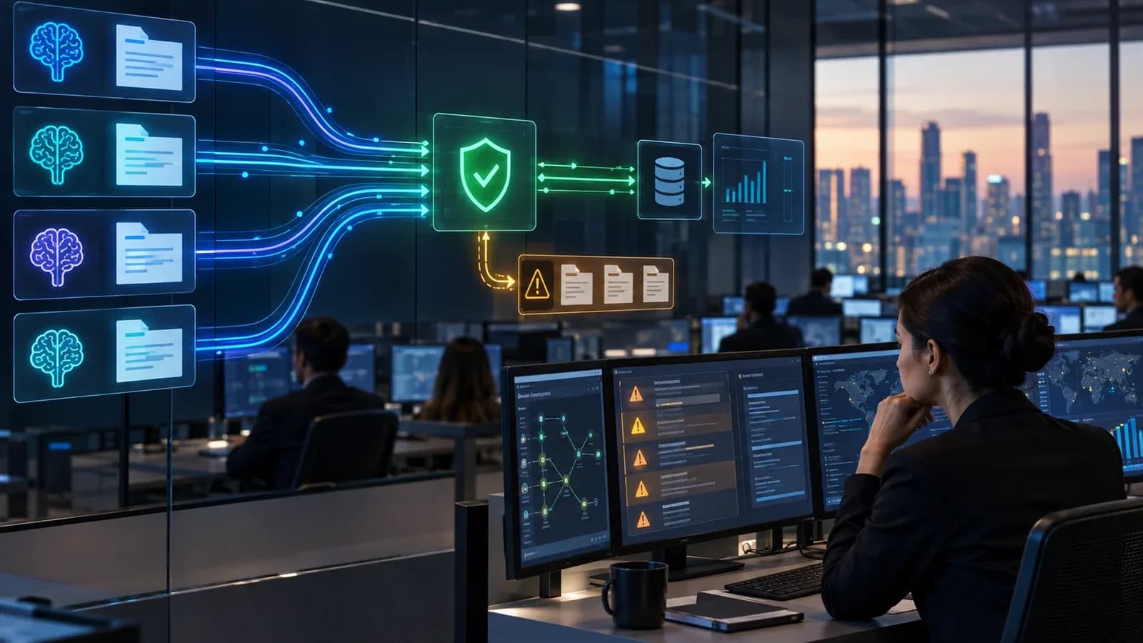 Editorial illustration of validate multi-agent decisions with deterministic rules