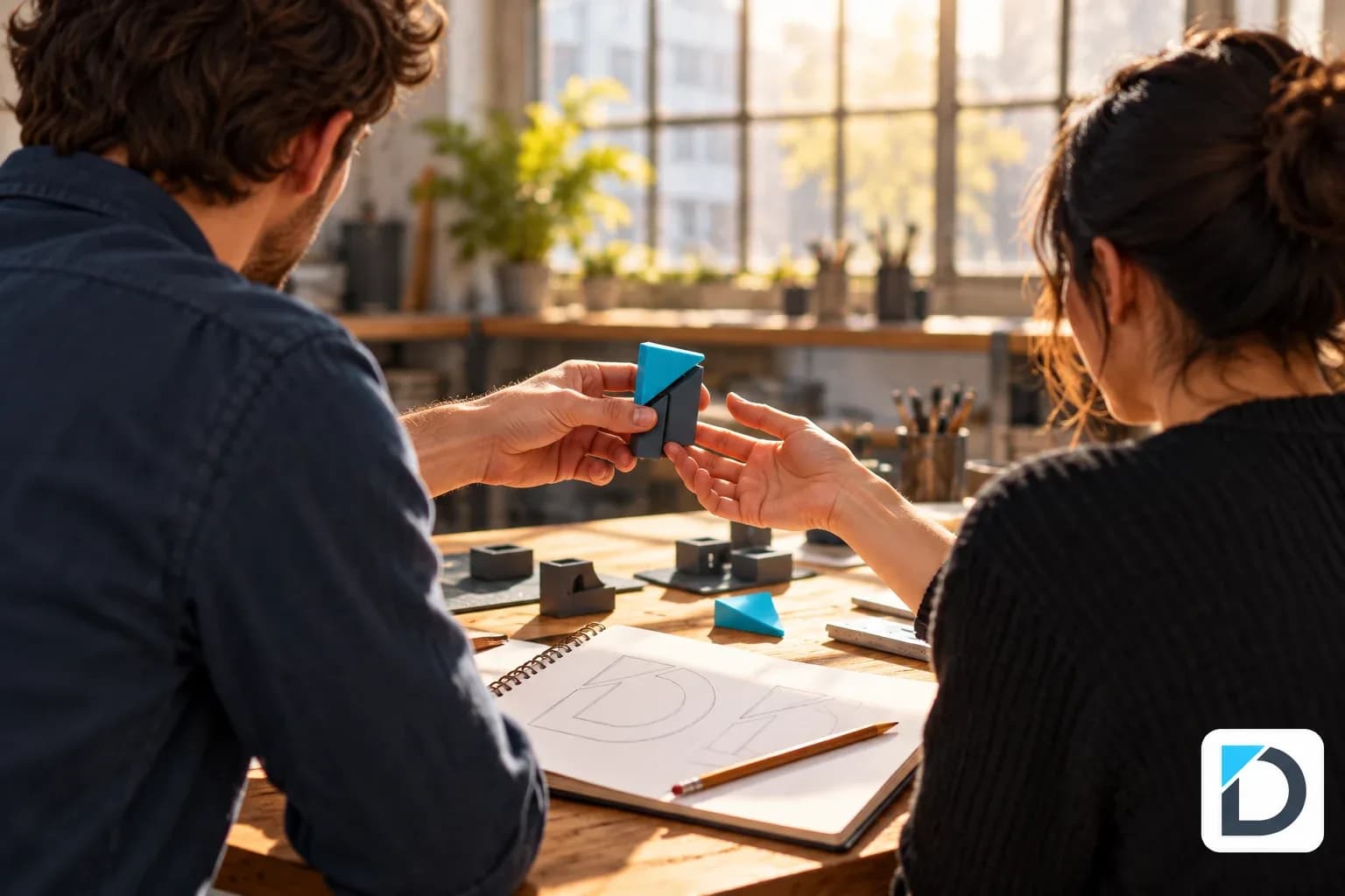 Deux ingénieurs transmettant un prototype dans un atelier de travail