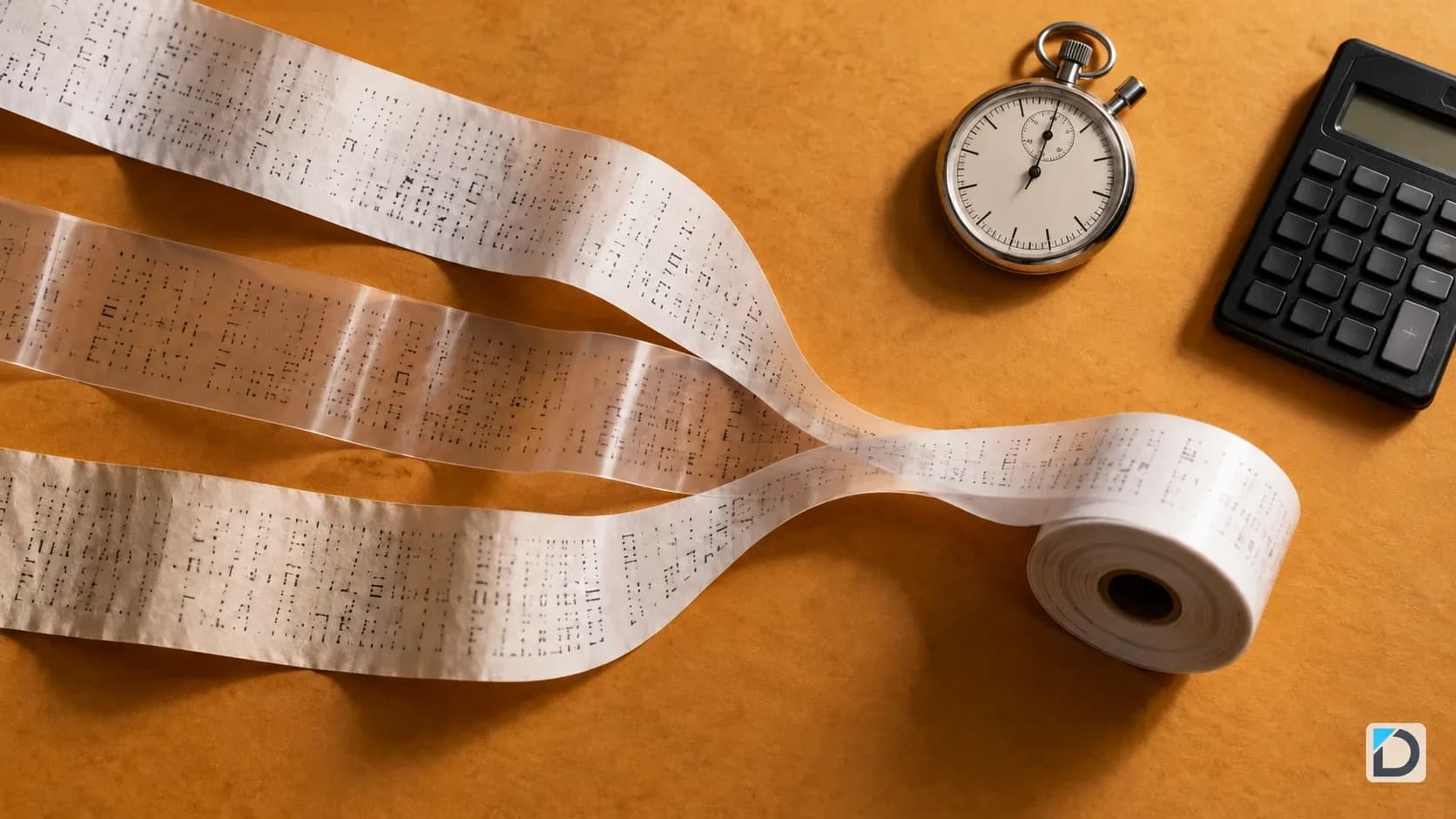 Editorial still life of branching paper strips with a stopwatch and calculator representing conversation-level costs