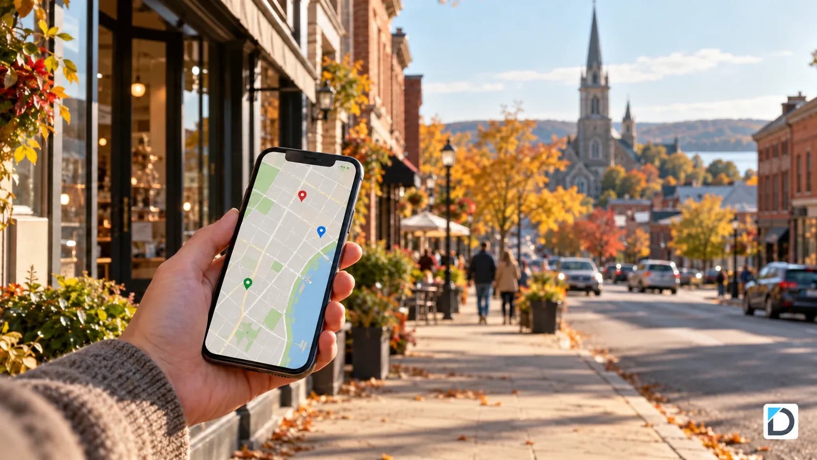 Rue commerciale en automne et carte sur téléphone illustrant une vérification du référencement local
