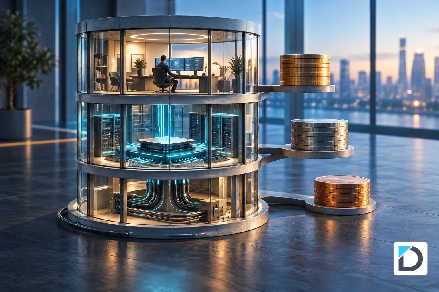 Bâtiment en coupe représentant l’intégration, le traitement et la supervision d’un agent