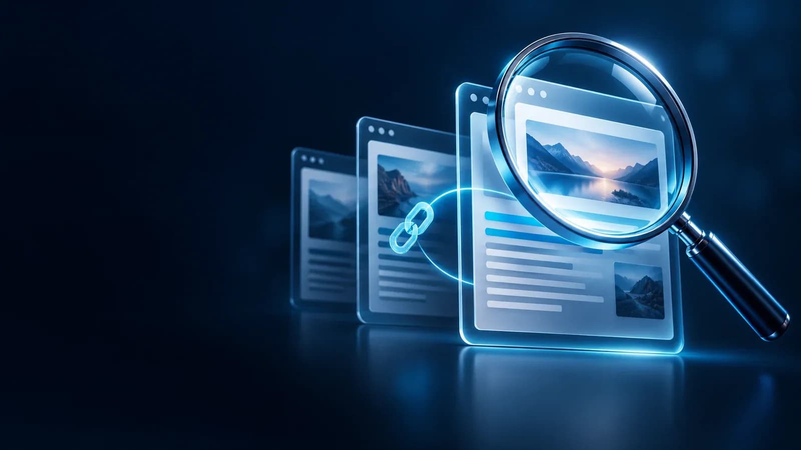 Illustration de recherche web : une loupe examine des pages reliées à leur source.