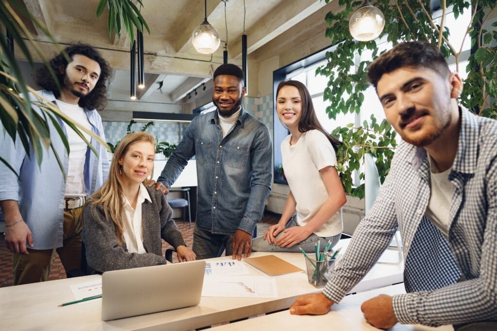 group office portrait happy diverse colleagues