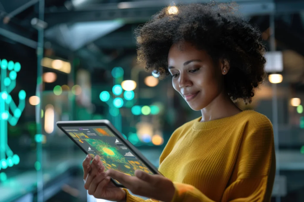 a woman looking at a tablet